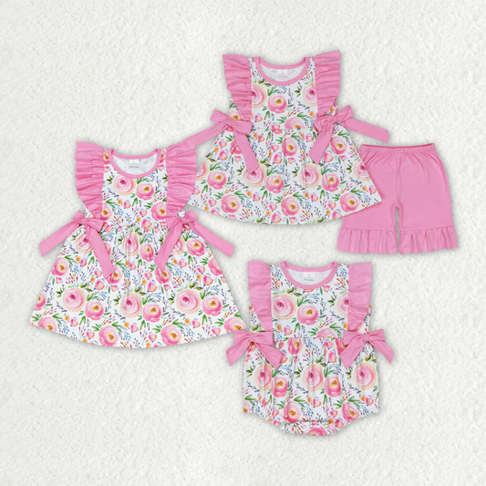 Match Baby Girls Pink Rose Flowers Summer Sibling Rompers Clothes Sets D 7.21