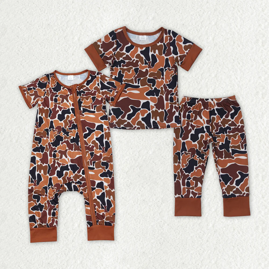 Match Baby Boys Brown Camo Bamboo Sibling Rompers Pajamas Clothes Sets