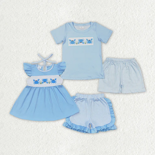 Match Baby Girls Boys Crab Top Stripes Sibling Summer Clothes Sets