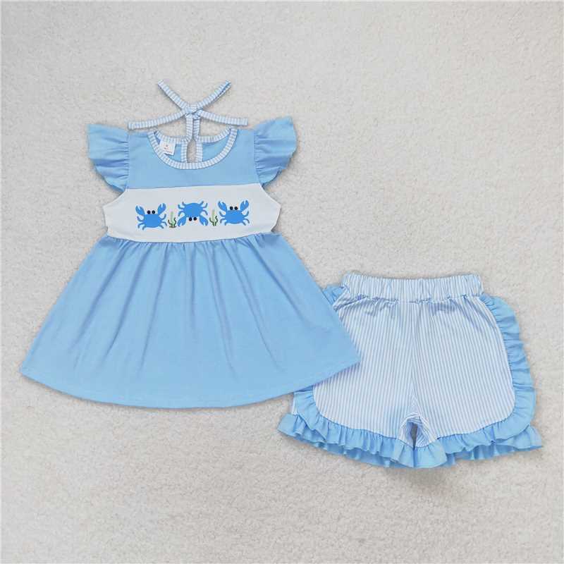Match Baby Girls Boys Crab Top Stripes Sibling Summer Clothes Sets
