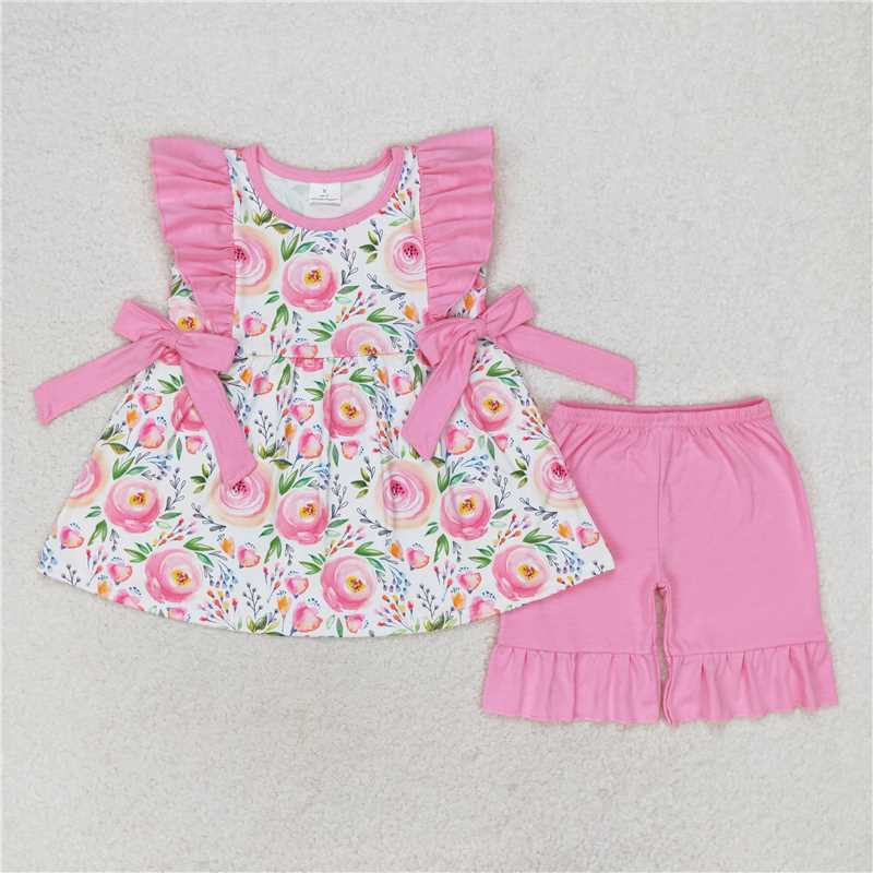 Match Baby Girls Pink Rose Flowers Summer Sibling Rompers Clothes Sets