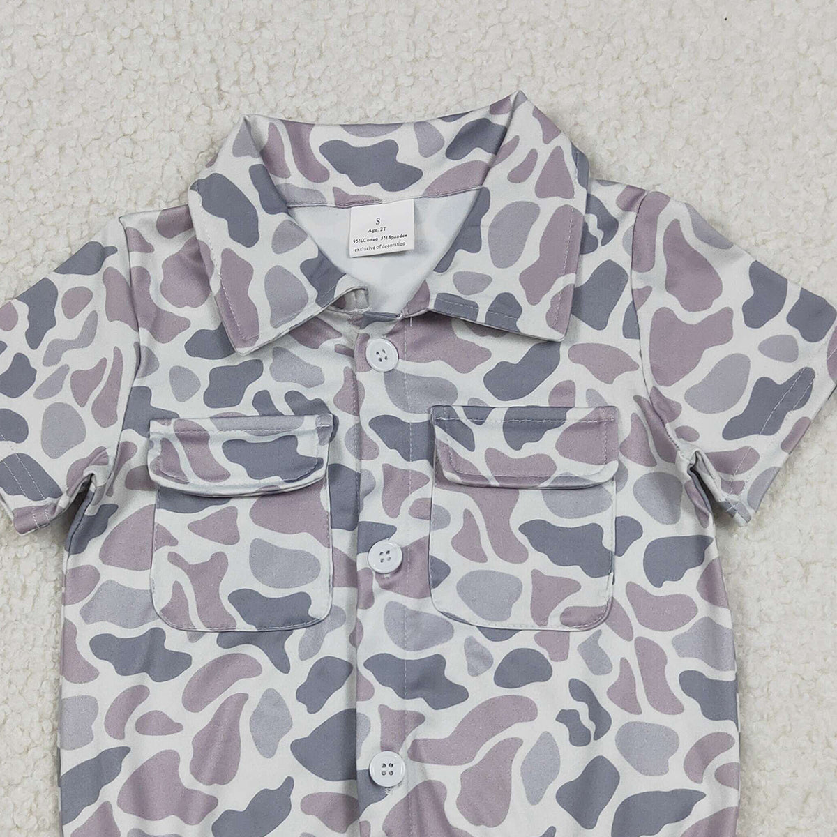 Baby Boys Southern Light Grey Camouflage Rompers with Button Pockets Boy's Outfit