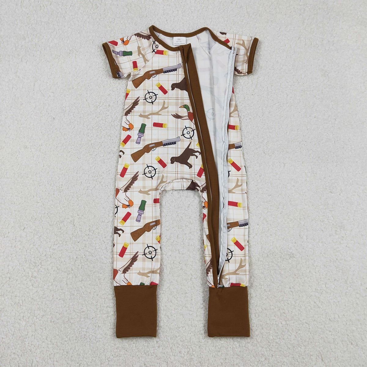 Baby Boys Khaki Checked Hunting Rompers with Two-Way Zip Convertible Design Featuring Dogs And Ducks Pattern