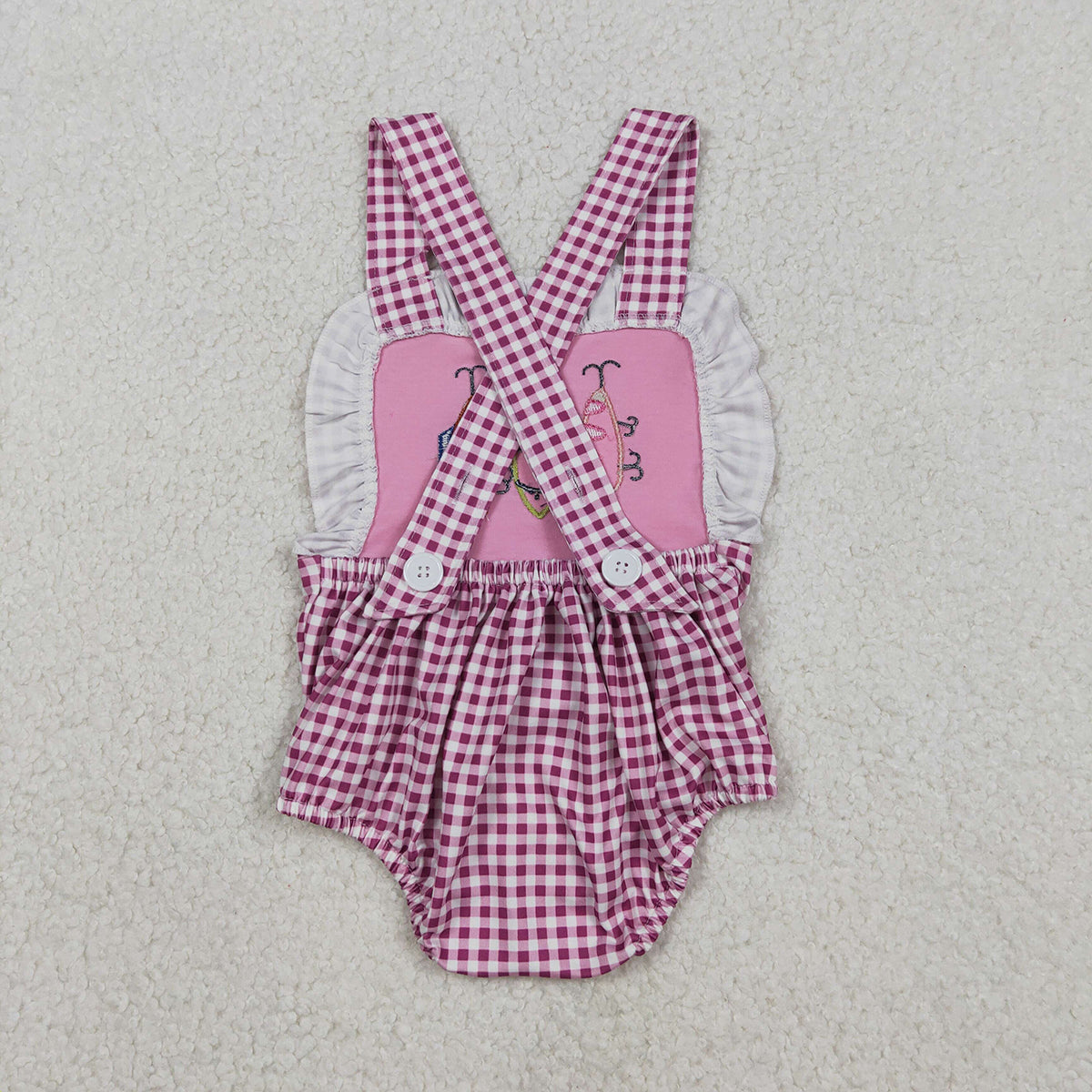 Baby Girls Pink Checked Ruffle Rompers Embroidery Fishing Strap Hunting Design Cute Baby Outfit for Girls
