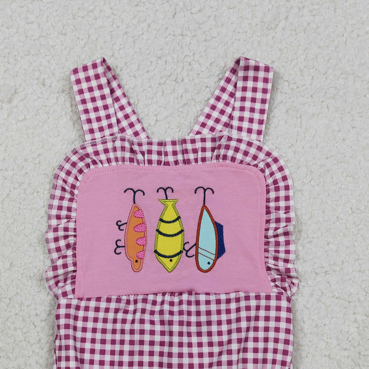 Baby Girls Pink Checked Ruffle Rompers Embroidery Fishing Strap Hunting Design Cute Baby Outfit for Girls
