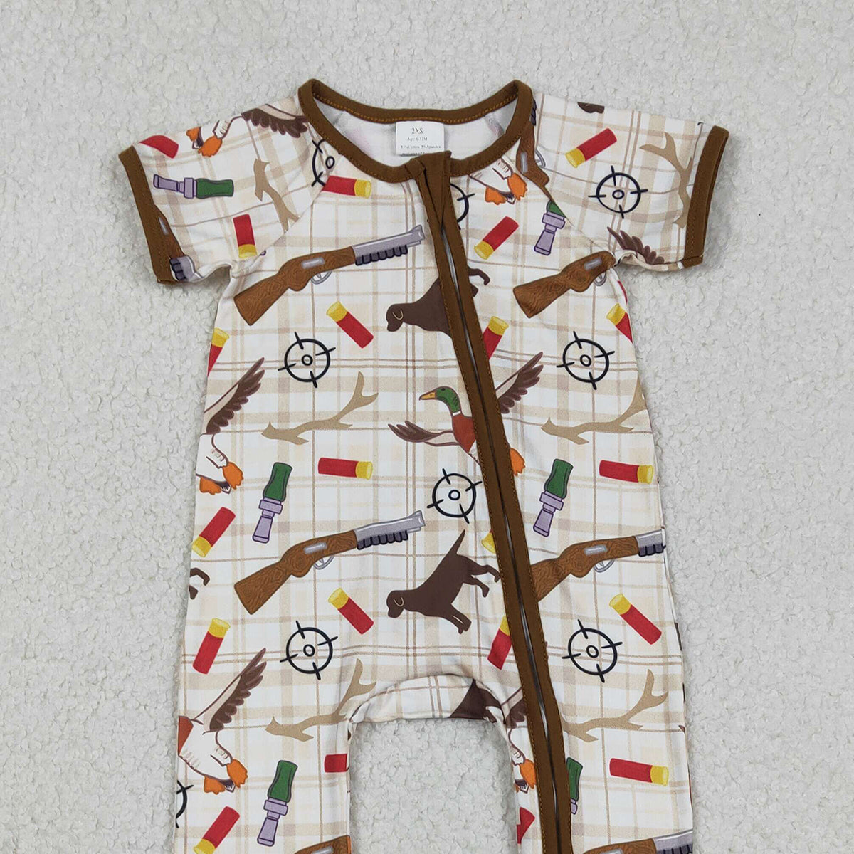 Baby Boys Khaki Checked Hunting Rompers with Two-Way Zip Convertible Design Featuring Dogs And Ducks Pattern