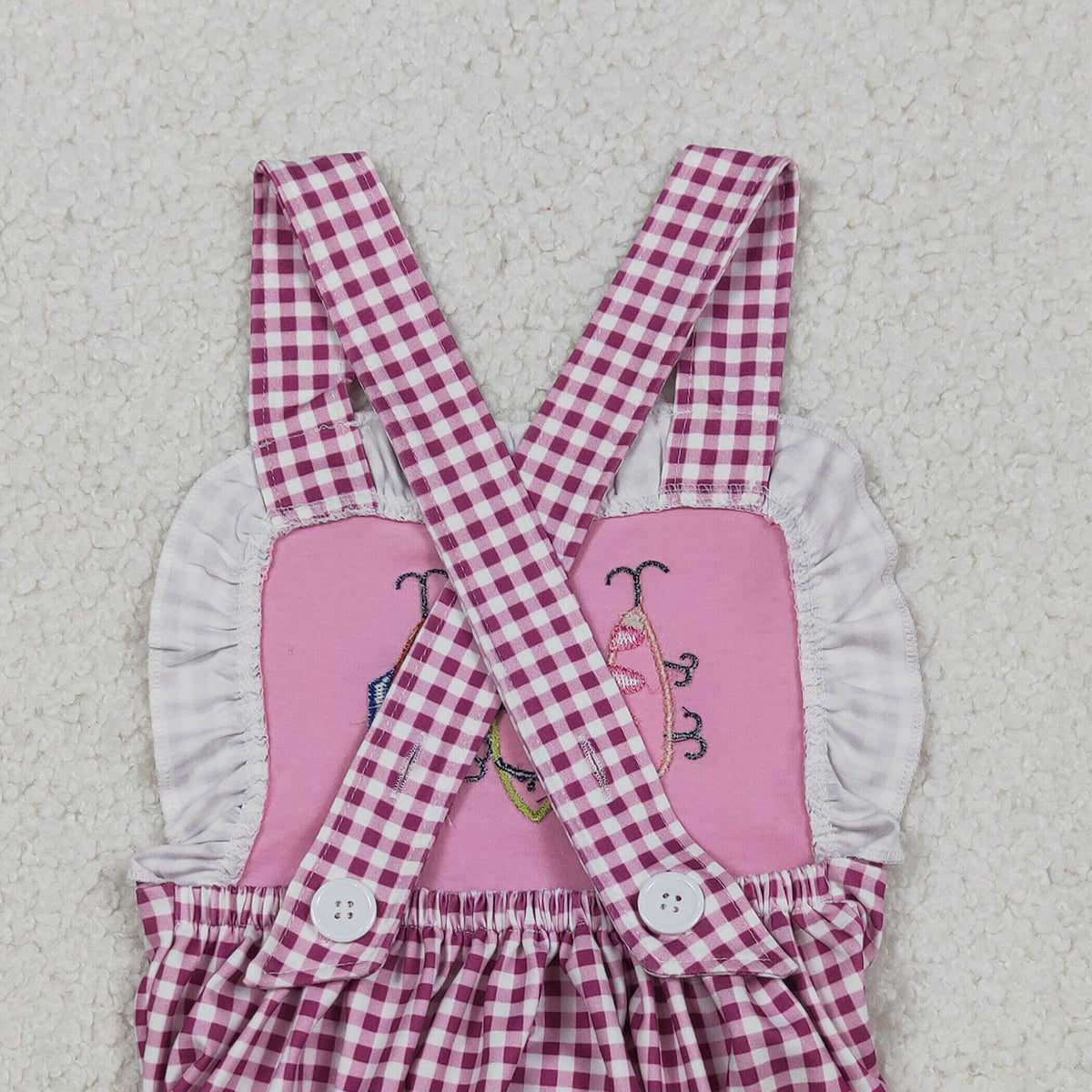 Baby Girls Pink Checked Ruffle Rompers Embroidery Fishing Strap Hunting Design Cute Baby Outfit for Girls