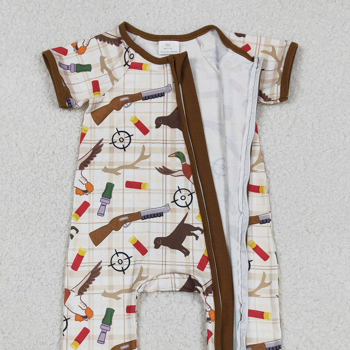 Baby Boys Khaki Checked Hunting Rompers with Two-Way Zip Convertible Design Featuring Dogs And Ducks Pattern