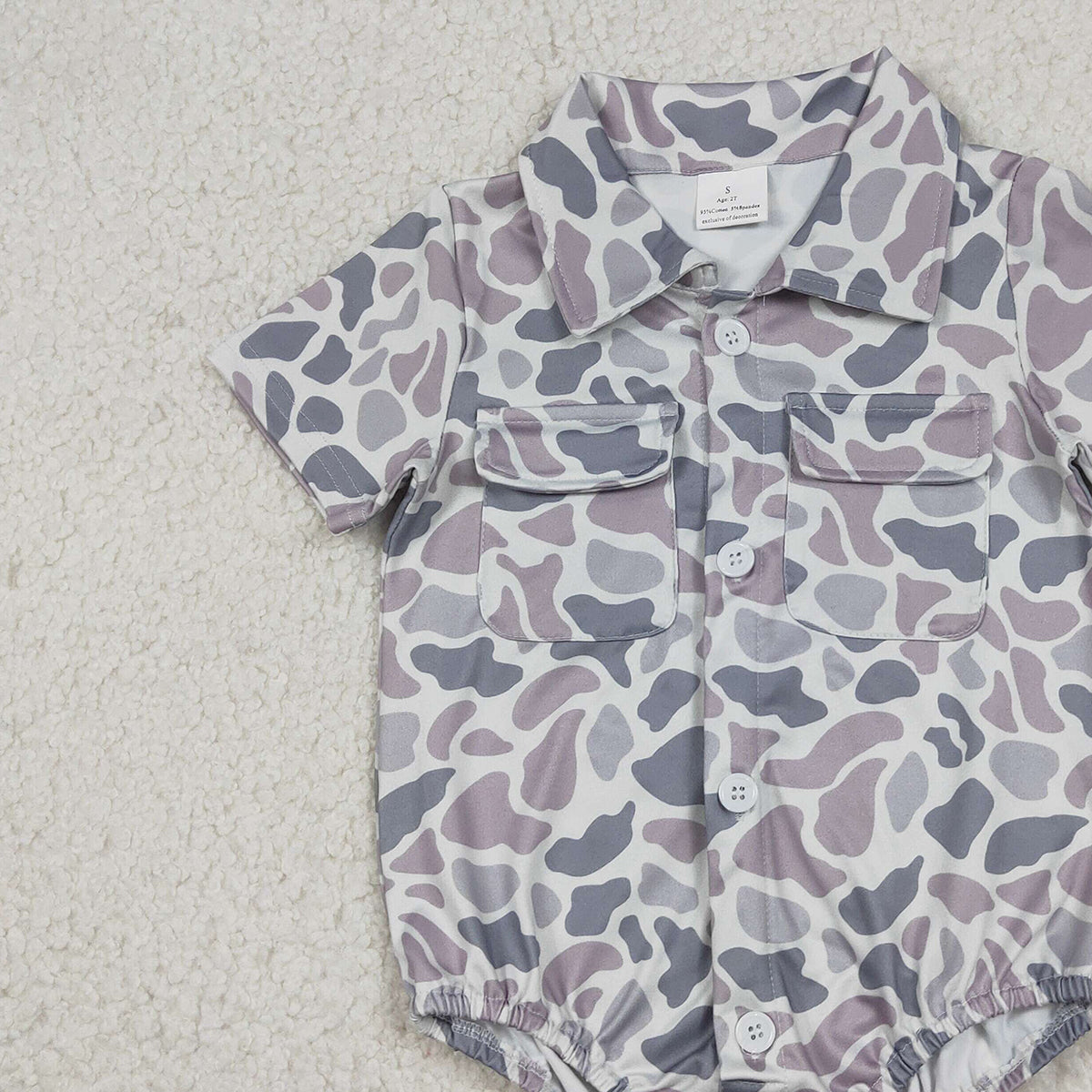 Baby Boys Southern Light Grey Camouflage Rompers with Button Pockets Boy's Outfit