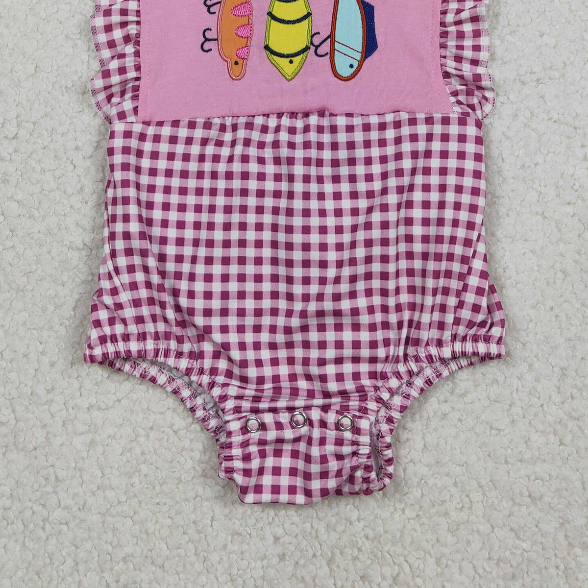Baby Girls Pink Checked Ruffle Rompers Embroidery Fishing Strap Hunting Design Cute Baby Outfit for Girls