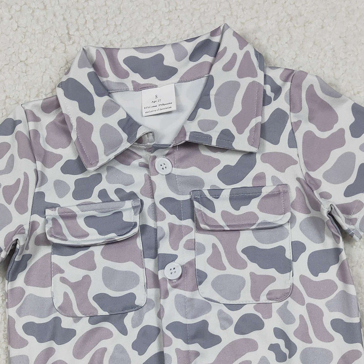 Baby Boys Southern Light Grey Camouflage Rompers with Button Pockets Boy's Outfit