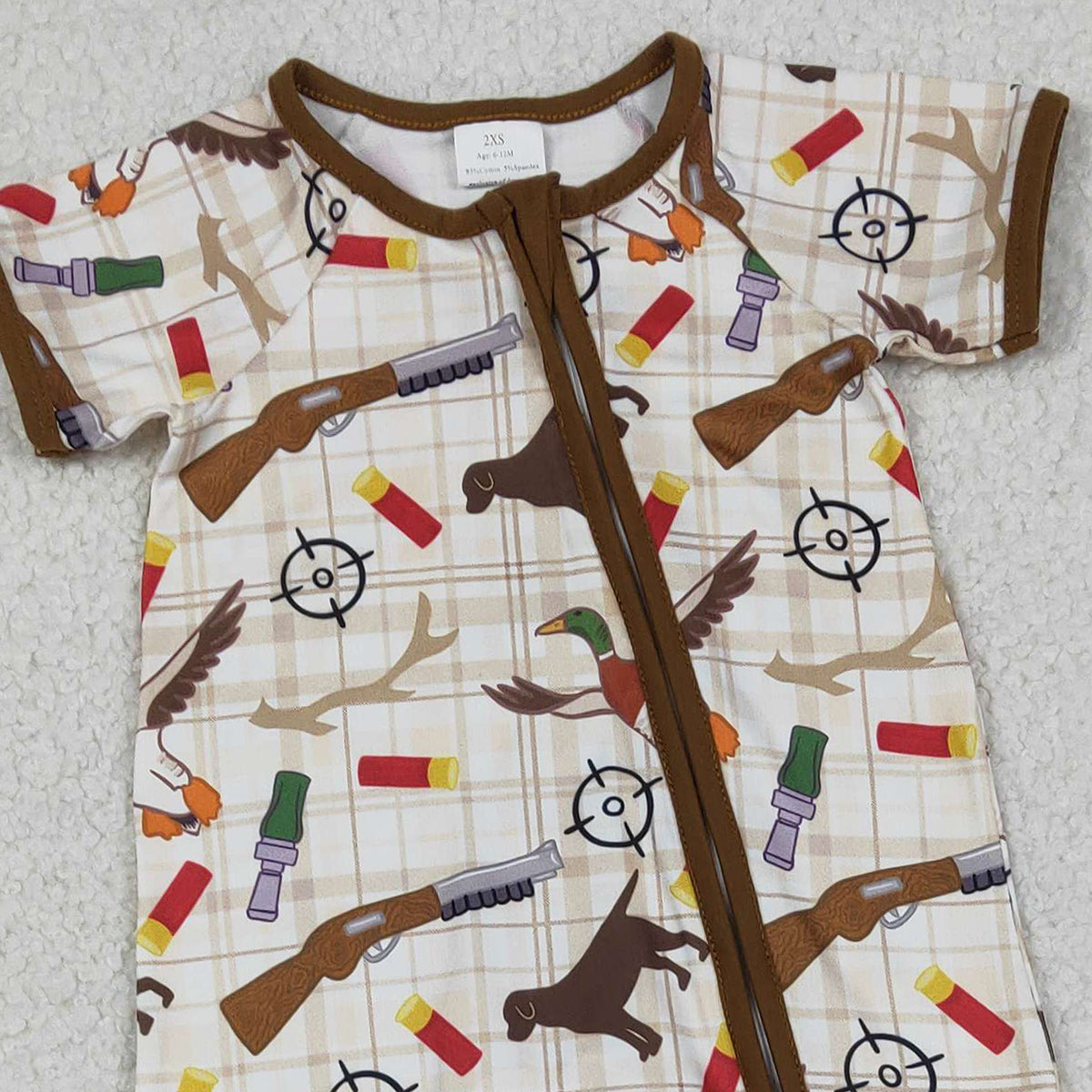 Baby Boys Khaki Checked Hunting Rompers with Two-Way Zip Convertible Design Featuring Dogs And Ducks Pattern