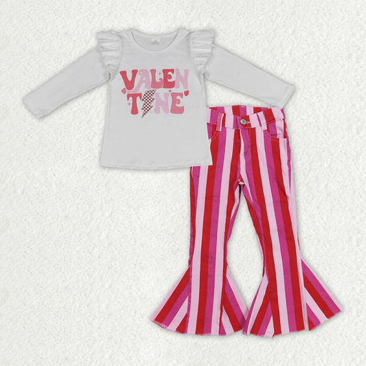 valentine letter lightning lace long-sleeved light pink, dark pink and bright red striped denim trousers suit GT0440+P0043