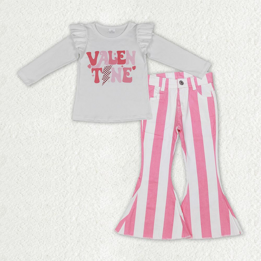 GT0440 +P0315 valentine letter lightning lace long-sleeved pink and white striped denim trousers suit
