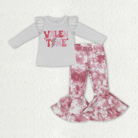 GT0440 +P0399 valentine letter lightning lace long-sleeved pink tie-dye double lace jeans suit