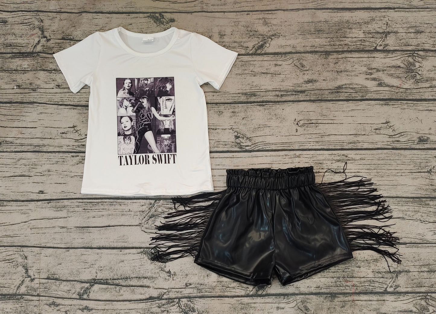 White short-sleeved black glossy leather fringed shorts set GT0530+SS0094
