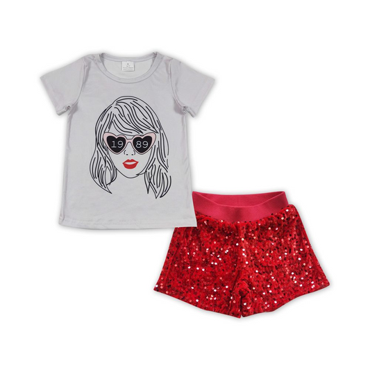 Gray short-sleeved red sequined shorts suit  GT0434+SS0098