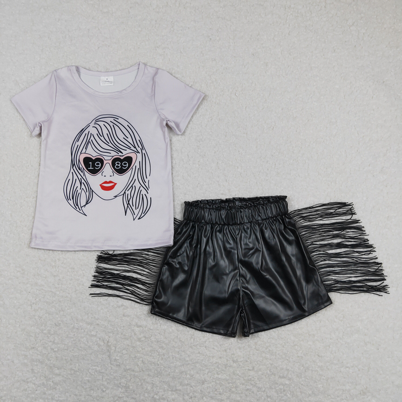Gray short-sleeved black glossy leather fringed shorts set GT0434+SS0094