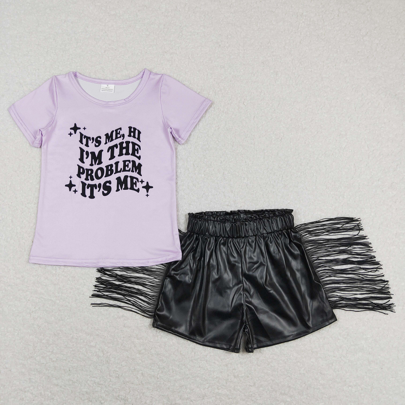 Purple short-sleeved black shiny leather fringed shorts set GT0432+SS0094