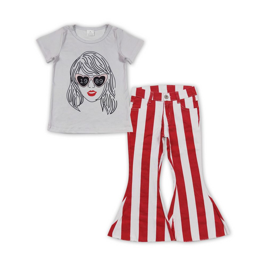 Gray short-sleeved red and white striped denim pants suit GT0434+P0246