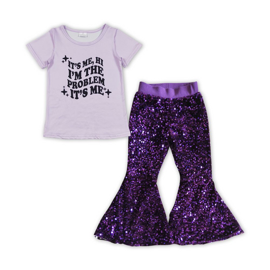 problem letter short sleeve purple sequined trousers suit GT0432+P0032