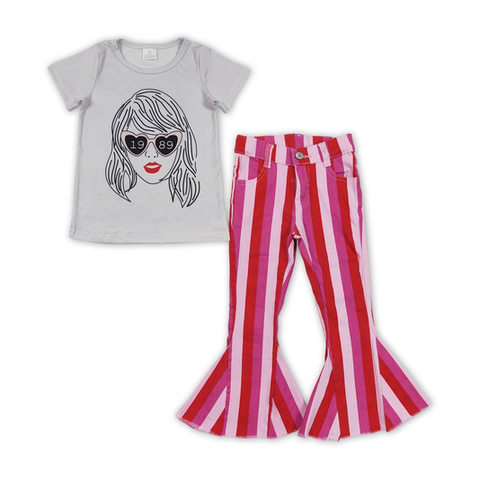 Gray short-sleeved light pink, dark pink and bright red striped denim trousers suit GT0434+P0043