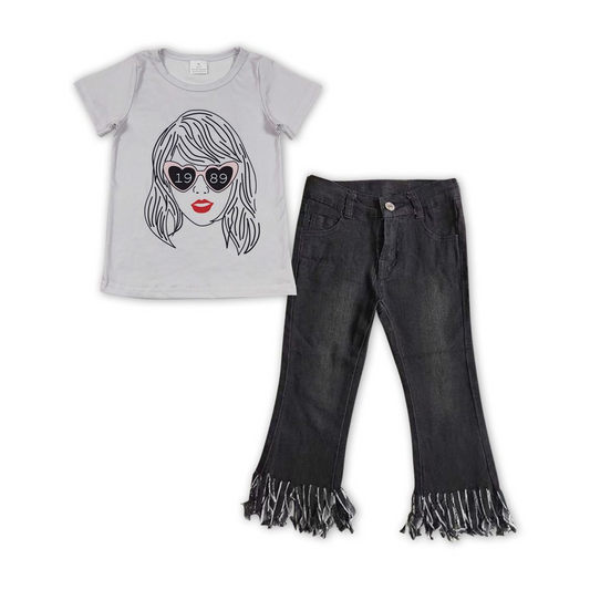 Gray short sleeve black fringed jeans suit GT0434+D4-30