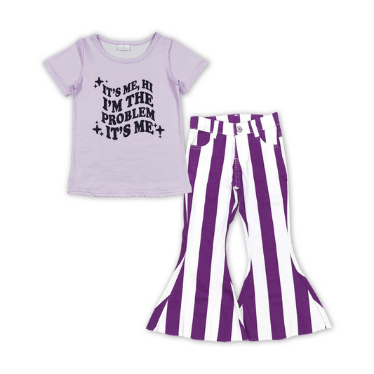 Alphabet purple short-sleeved purple and white striped denim trousers suit GT0432+P0331