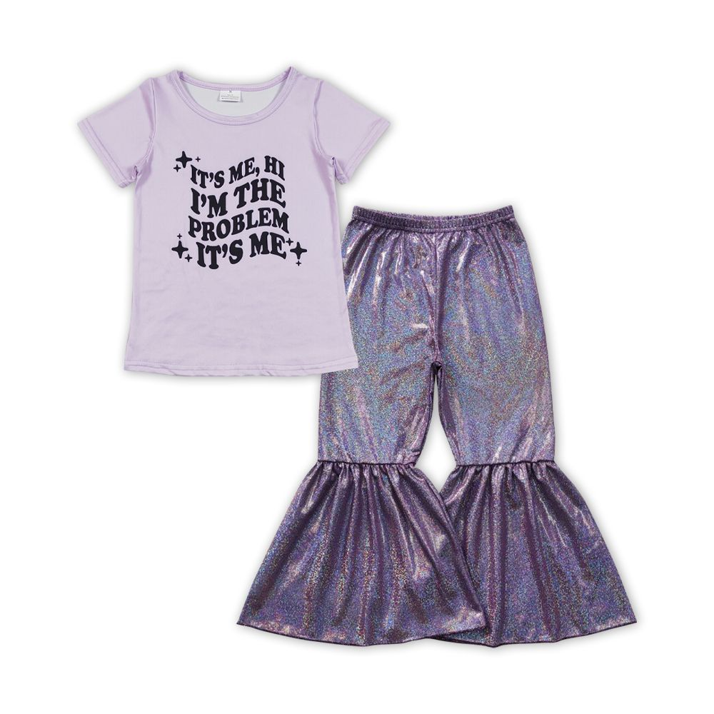 Alphabet purple short-sleeved purple satin hot stamping trousers suit GT0432+P0193