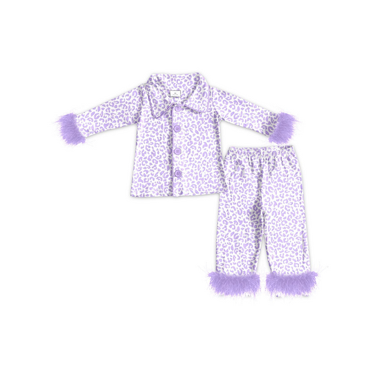 presale  GLP1259 Plush edge leopard print purple long-sleeved trousers pajama set