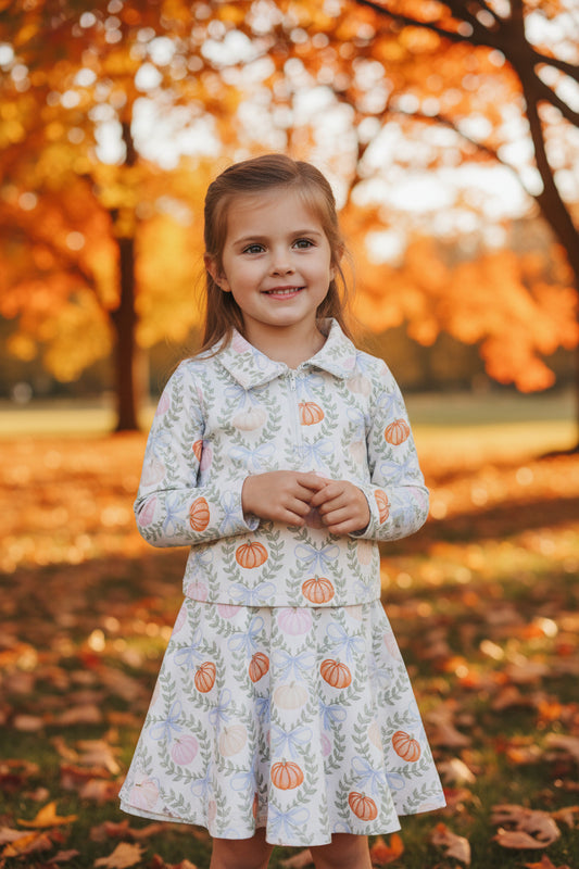long sleeve zipper pumpkin pullover athletic skort set