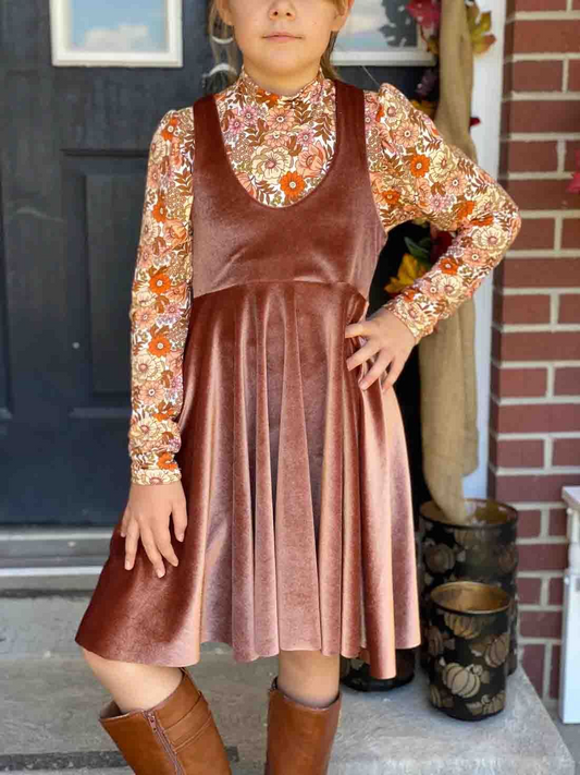 GLD0334 Floral Turtleneck Long Sleeve Brown Velvet Suspender Dress Set