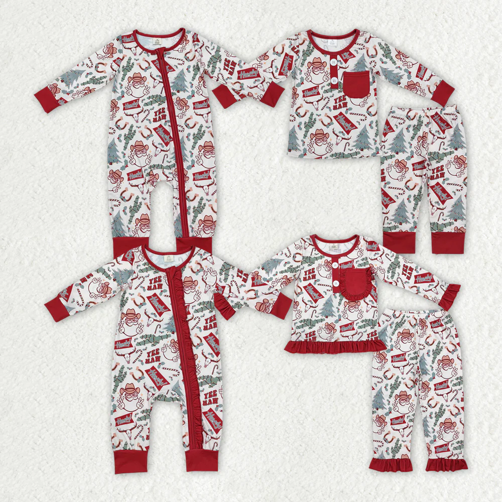 Match Boys Girls Christmas Western Santa Cactus Bamboo Rompers Pajamas