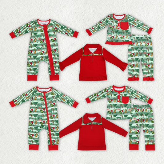 Match Baby Girls Christmas Green Face Sibling Pajamas Tops Clothes Sets