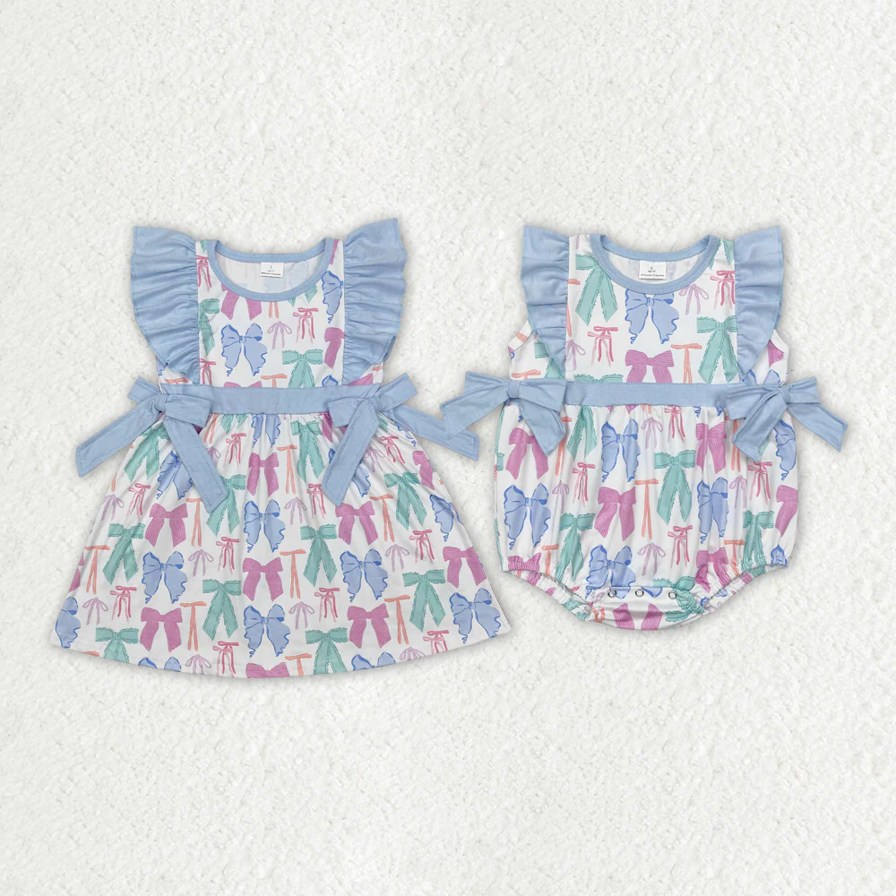Match Sibling Baby Girls Colorful Bows Spring Rompers Dresses