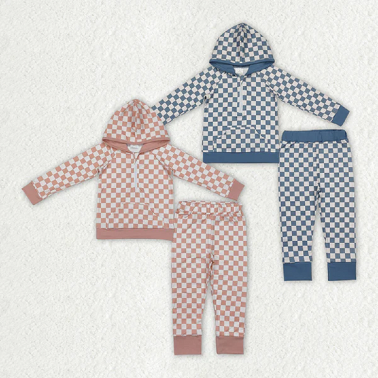 Match Boys Baby Girls Checkered Zip Hooded Top Pants Clothes Sets