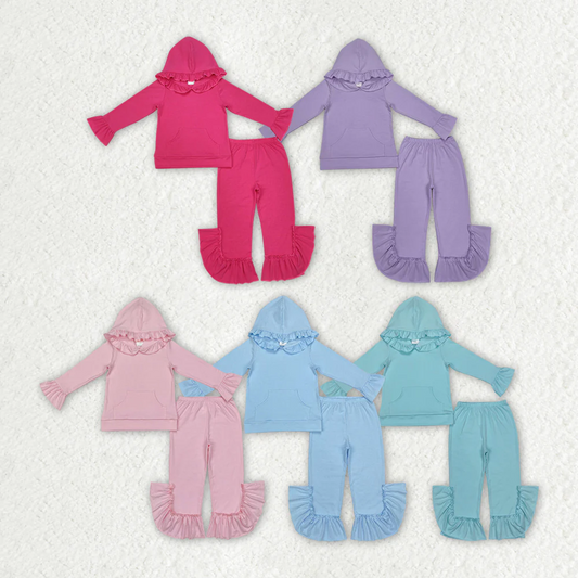 match 5 Colors Cotton Sibling Baby Girls Hooded Ruffle Top Bell Pants Clothes Sets