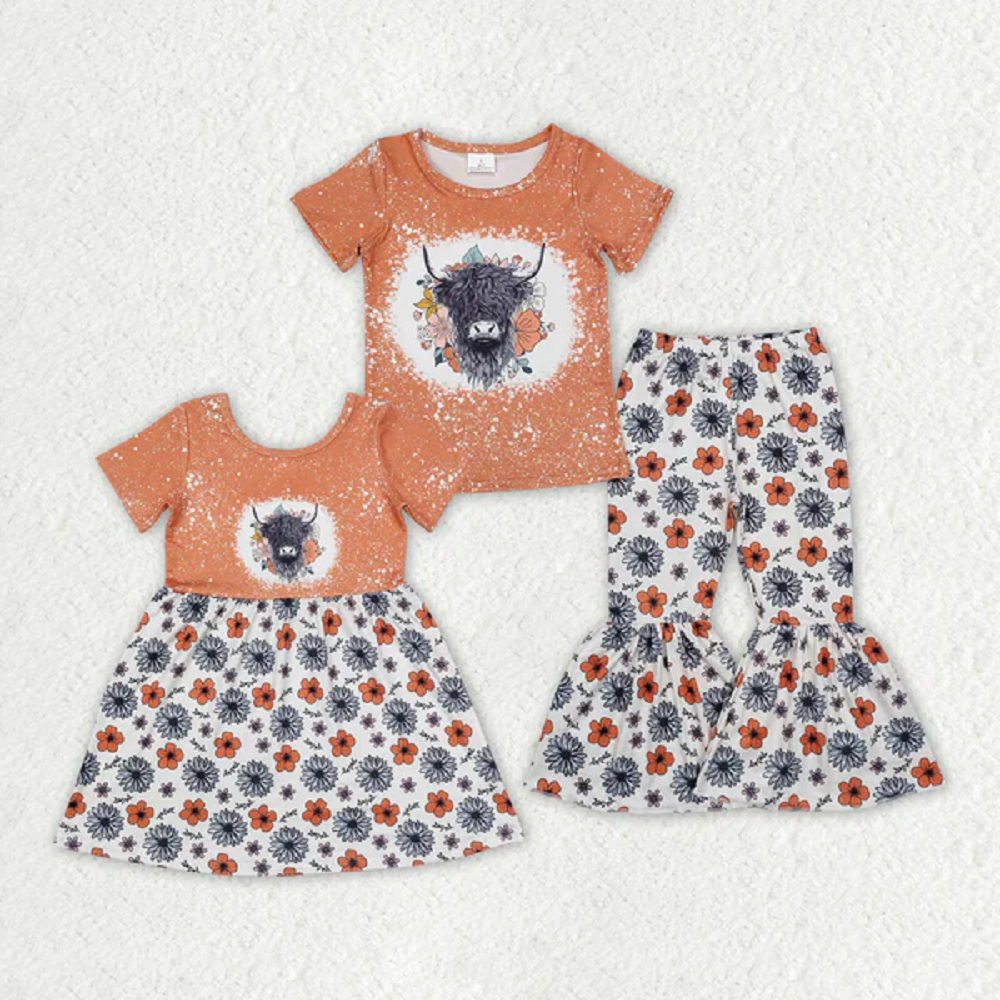 Match Sisters Baby Girls Highland Cow Flowers Short Sleeve Dresses Clothes Sets