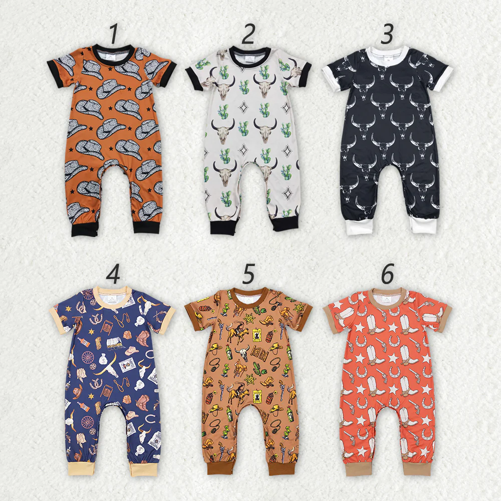 Match Baby Girls Boys Western Cow Short Sleeve Rompers