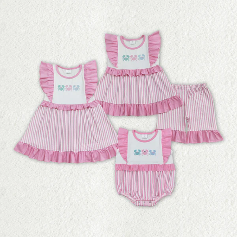 Match Baby Girls Crabs Pink Summer Sibling Rompers Dresses Clothes Sets