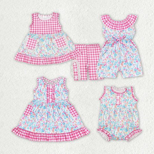 Match Baby Girls Pink Checkered Floral Summer Sibling Rompers Clothes Sets