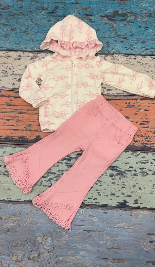 GLP2324 Baby Girls Spring Bows Pink Hooded Zip Pullovers Top Denim Jeans Clothes Sets