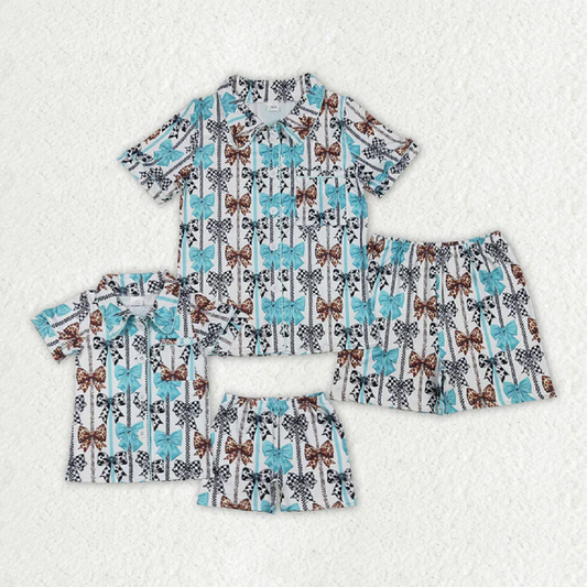 D 3.1 Match Mommy and Me Family Baby Girls Women Western Bows Buttons Shirts Shorts Pajamas