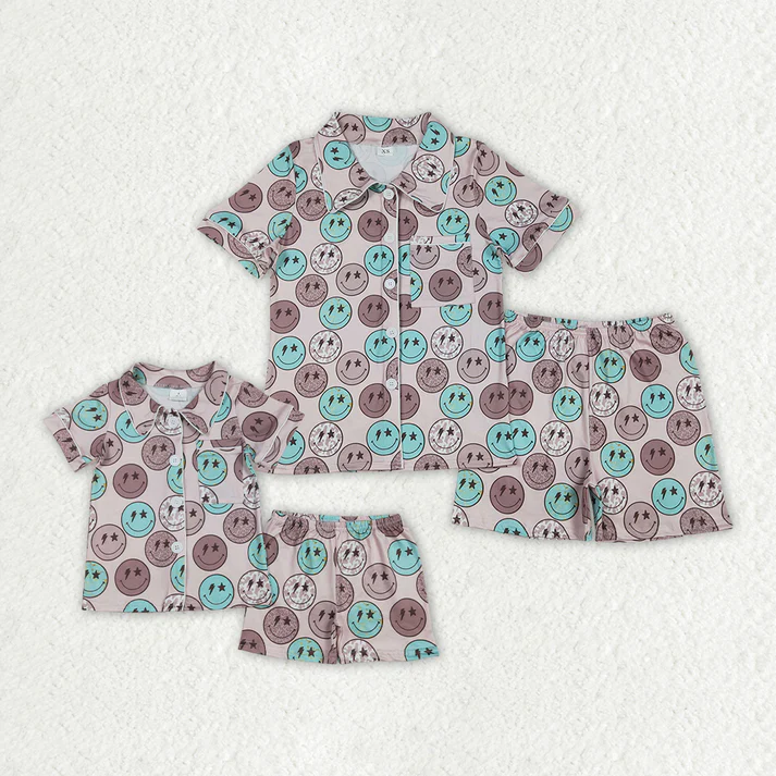 D 3.1 Match Mommy and me Family Baby Girls Women Blue Smile Buttons Shirts Shorts Pajamas