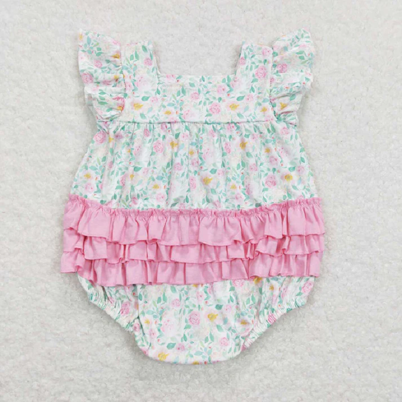 Match Baby Girls Pink Flowers Tops Ruffle Shorts Clothes Sets Romper   D 3.13