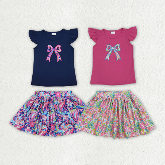 Match Embroidery Baby Girls Navy Bow Shirts Shorts Skirt Clothes Sets D 3.17