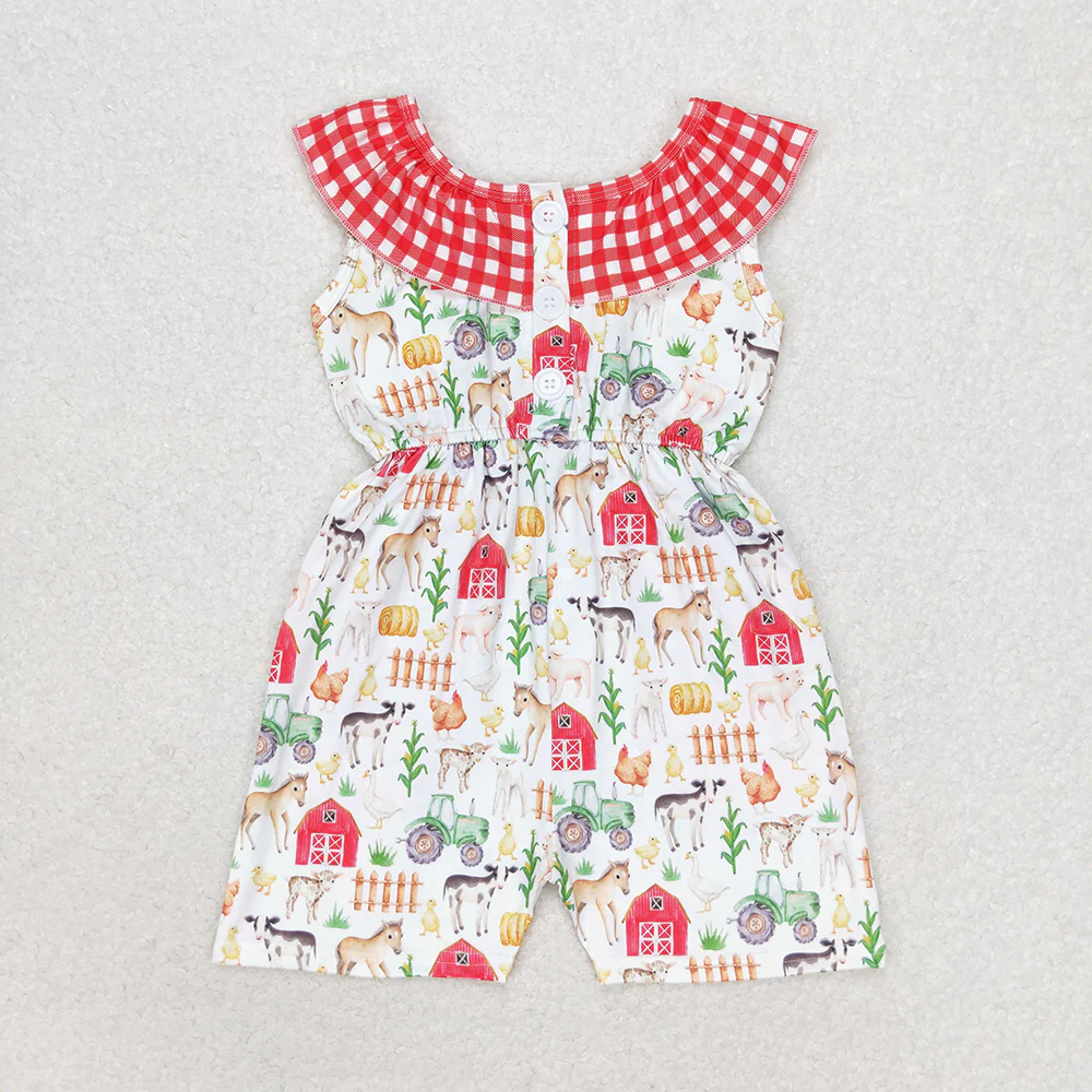 SR1301  Baby Girls Red Farm Checkered Summer Pockets Shorts Jumpsuits  D 3.21