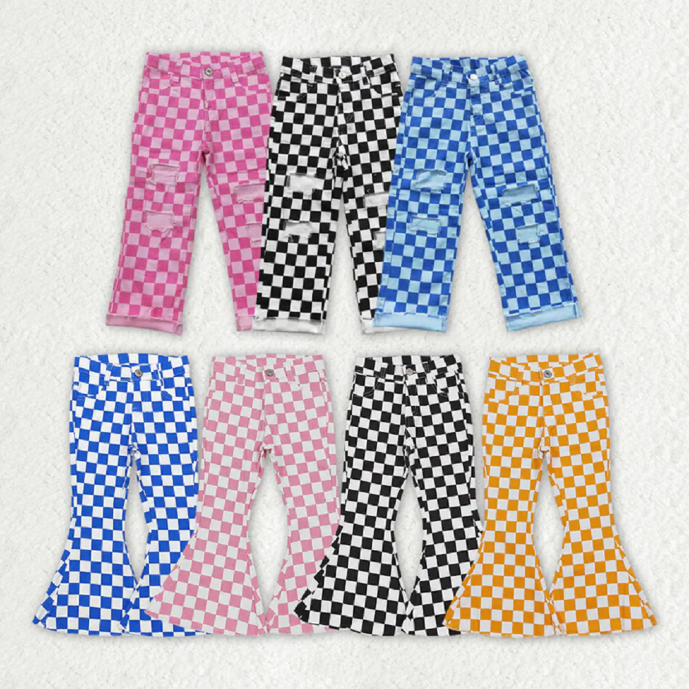 Match Girls Boys Checkered Denim Adjustble Waistband Jeand Pants D 3.31
