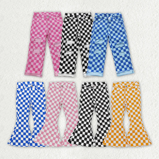 Match Girls Boys Checkered Denim Adjustble Waistband Jeand Pants D 3.31