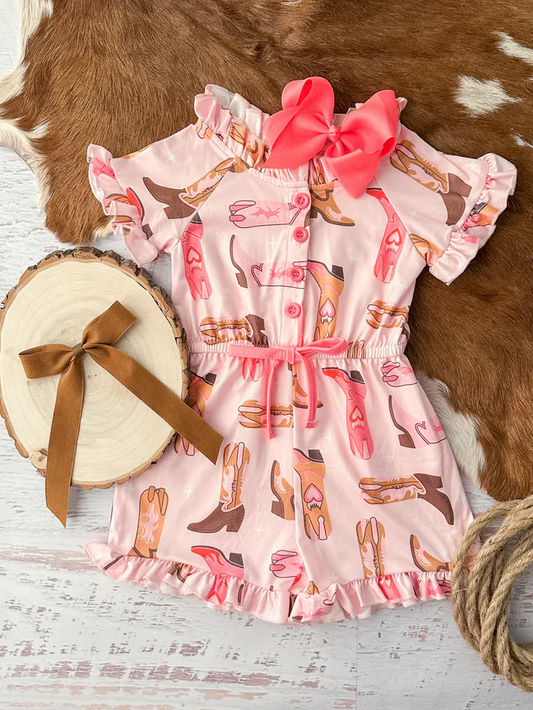 Custom Boots Pink Western Print Girls Summer Jumpsuits D 4.10